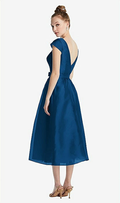 Cap Sleeve Pleated Skirt Midi Bridesmaid Dress With Bowed Waist In