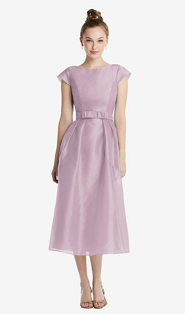 Front View - Suede Rose Cap Sleeve Pleated Skirt Midi Dress with Bowed Waist