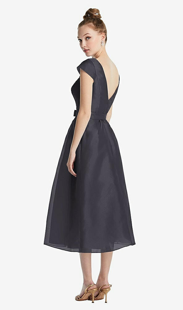Back View - Onyx Cap Sleeve Pleated Skirt Midi Dress with Bowed Waist