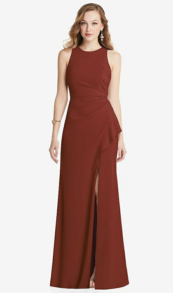 Front View - Auburn Moon Halter Maxi Dress with Cascade Ruffle Slit