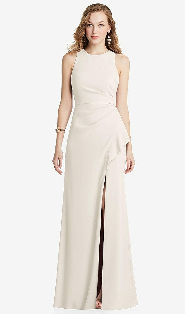 Front View - Ivory Halter Maxi Dress with Cascade Ruffle Slit