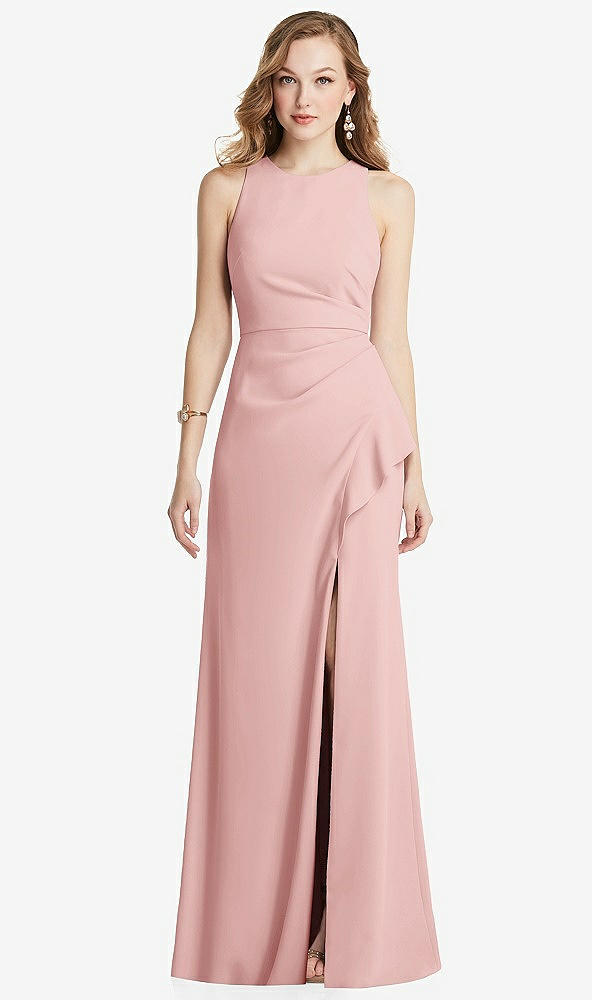 Front View - Rose Halter Maxi Dress with Cascade Ruffle Slit