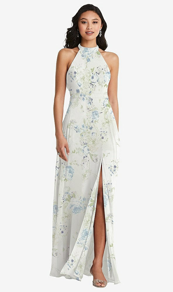 Back View - Bleu Garden Stand Collar Halter Maxi Dress with Criss Cross Open-Back