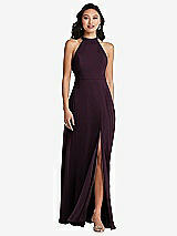 Rear View Thumbnail - Deep Plum Stand Collar Halter Maxi Dress with Criss Cross Open-Back
