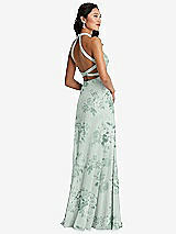 Front View Thumbnail - Mint Green Floral Stand Collar Halter Maxi Dress with Criss Cross Open-Back