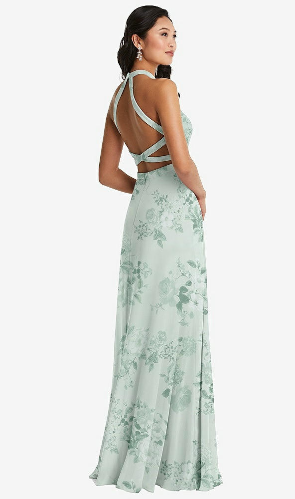 Front View - Mint Green Floral Stand Collar Halter Maxi Dress with Criss Cross Open-Back