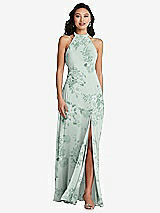Rear View Thumbnail - Mint Green Floral Stand Collar Halter Maxi Dress with Criss Cross Open-Back