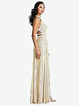 Side View Thumbnail - Butter Yellow Floral Stand Collar Halter Maxi Dress with Criss Cross Open-Back