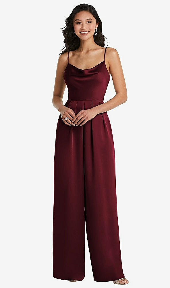 Front View - Cabernet Cowl-Neck Spaghetti Strap Maxi Jumpsuit with Pockets