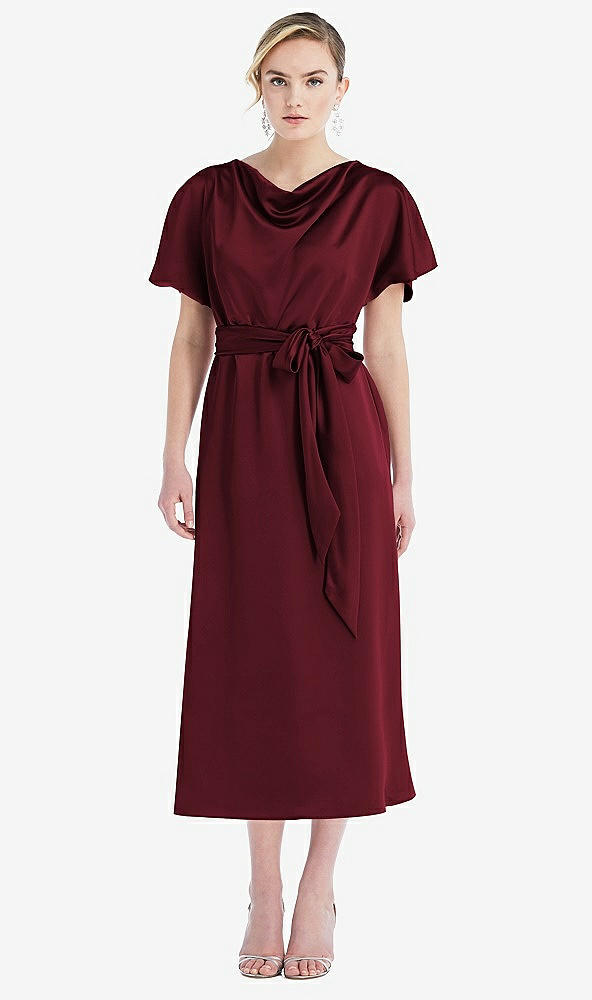 Front View - Cabernet Cowl-Neck Kimono Sleeve Midi Dress with Bowed Sash