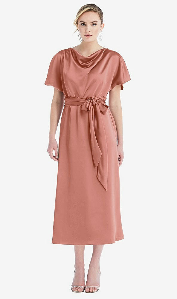 Front View - Desert Rose Cowl-Neck Kimono Sleeve Midi Dress with Bowed Sash