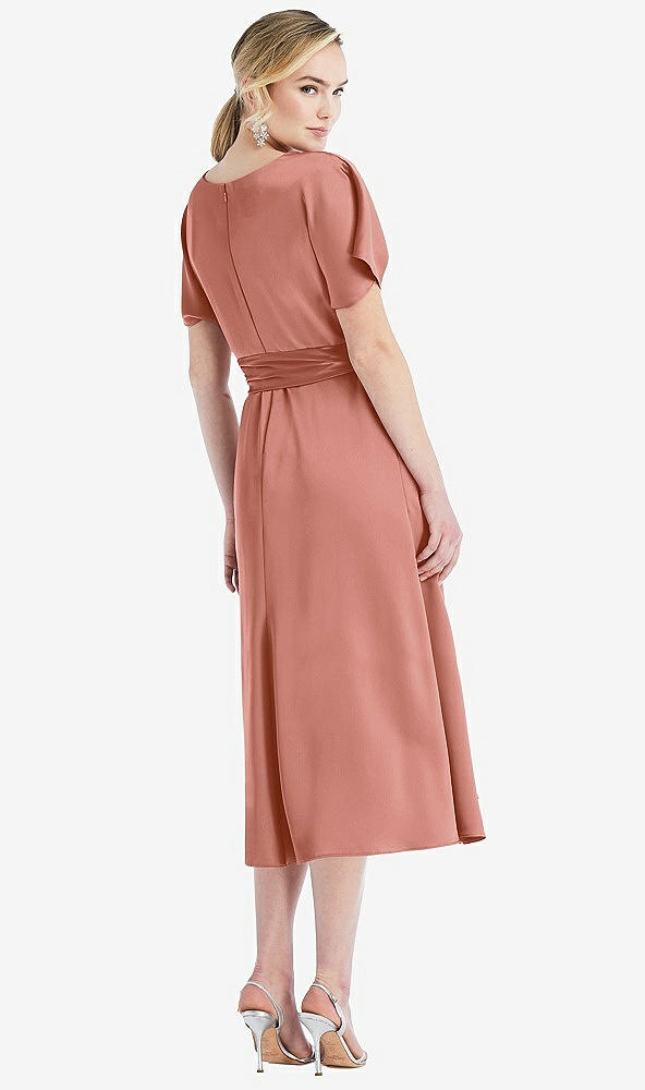 Back View - Desert Rose Cowl-Neck Kimono Sleeve Midi Dress with Bowed Sash