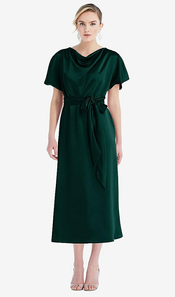 Front View - Evergreen Cowl-Neck Kimono Sleeve Midi Dress with Bowed Sash