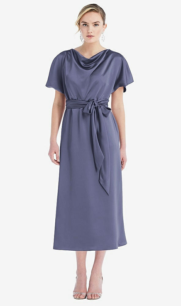 Front View - French Blue Cowl-Neck Kimono Sleeve Midi Dress with Bowed Sash