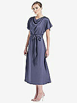 Side View Thumbnail - French Blue Cowl-Neck Kimono Sleeve Midi Dress with Bowed Sash