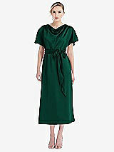 Front View Thumbnail - Hunter Green Cowl-Neck Kimono Sleeve Midi Dress with Bowed Sash