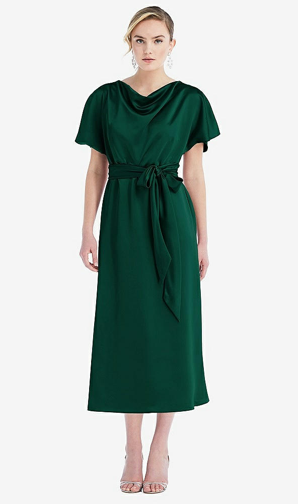Front View - Hunter Green Cowl-Neck Kimono Sleeve Midi Dress with Bowed Sash
