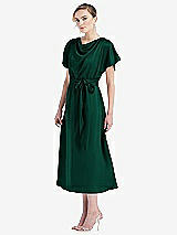 Side View Thumbnail - Hunter Green Cowl-Neck Kimono Sleeve Midi Dress with Bowed Sash