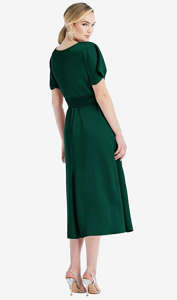 Back View - Hunter Green Cowl-Neck Kimono Sleeve Midi Dress with Bowed Sash