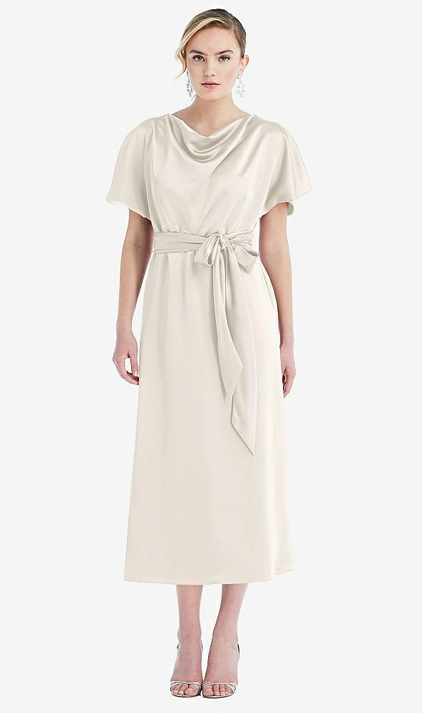 Front View - Ivory Cowl-Neck Kimono Sleeve Midi Dress with Bowed Sash