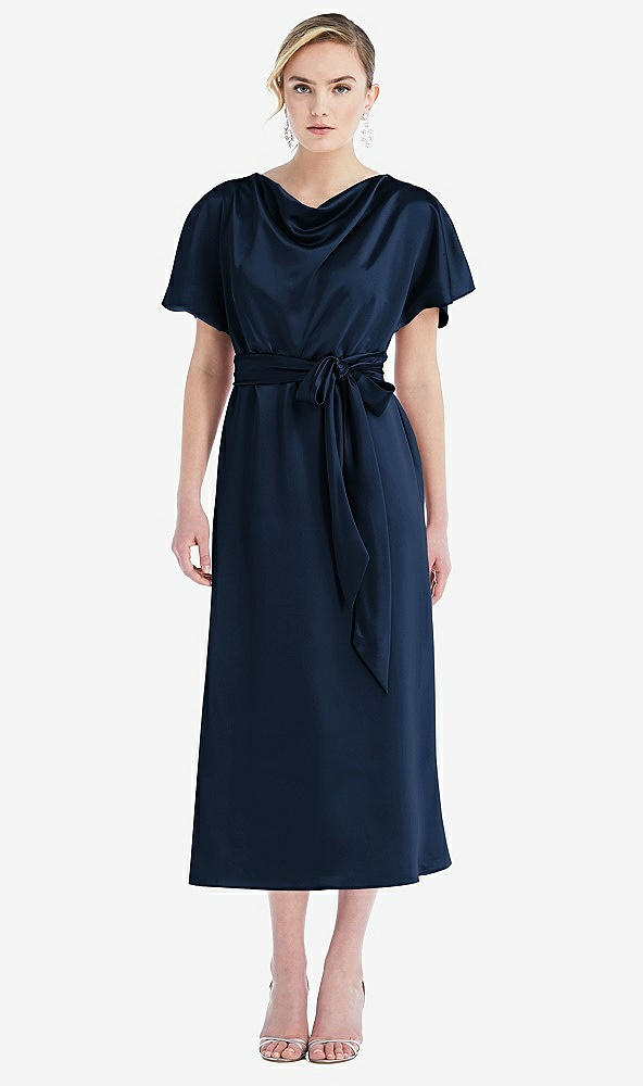 Front View - Midnight Navy Cowl-Neck Kimono Sleeve Midi Dress with Bowed Sash