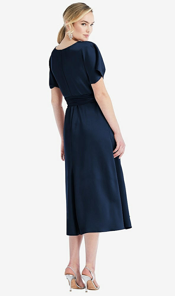 Back View - Midnight Navy Cowl-Neck Kimono Sleeve Midi Dress with Bowed Sash