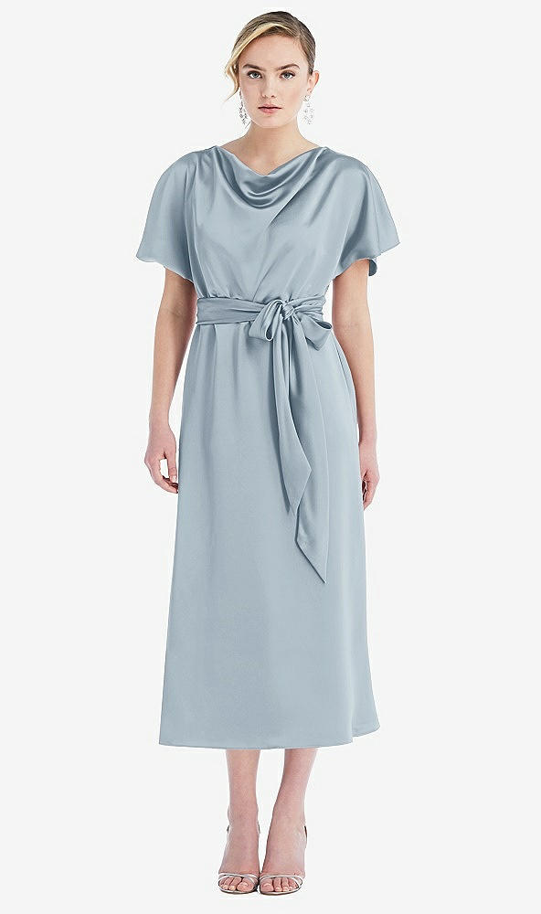 Front View - Mist Cowl-Neck Kimono Sleeve Midi Dress with Bowed Sash
