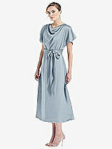 Side View Thumbnail - Mist Cowl-Neck Kimono Sleeve Midi Dress with Bowed Sash