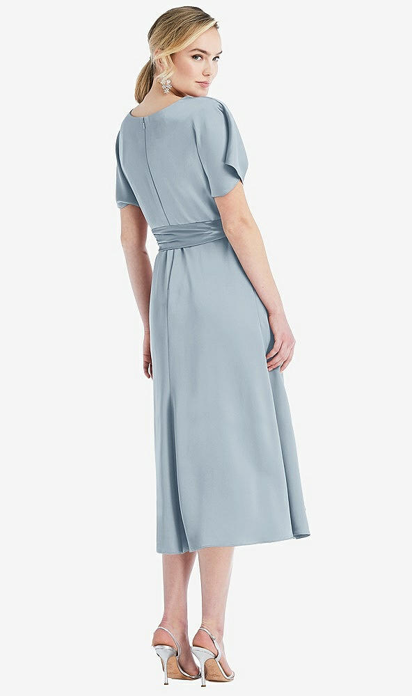 Back View - Mist Cowl-Neck Kimono Sleeve Midi Dress with Bowed Sash