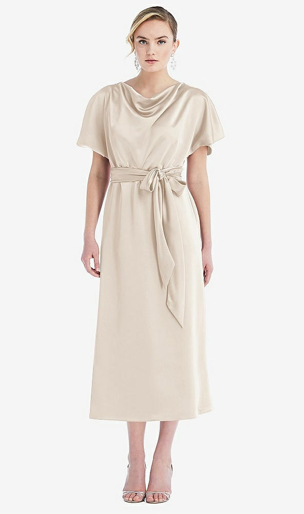 Front View - Oat Cowl-Neck Kimono Sleeve Midi Dress with Bowed Sash