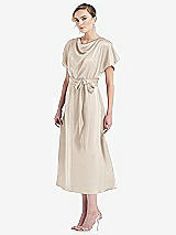 Side View Thumbnail - Oat Cowl-Neck Kimono Sleeve Midi Dress with Bowed Sash