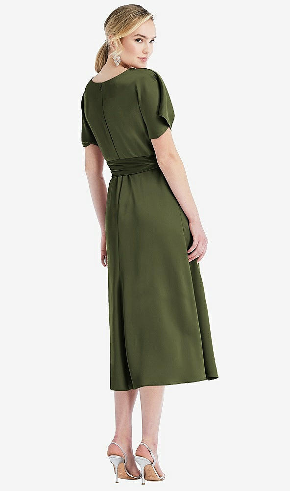 Back View - Olive Green Cowl-Neck Kimono Sleeve Midi Dress with Bowed Sash