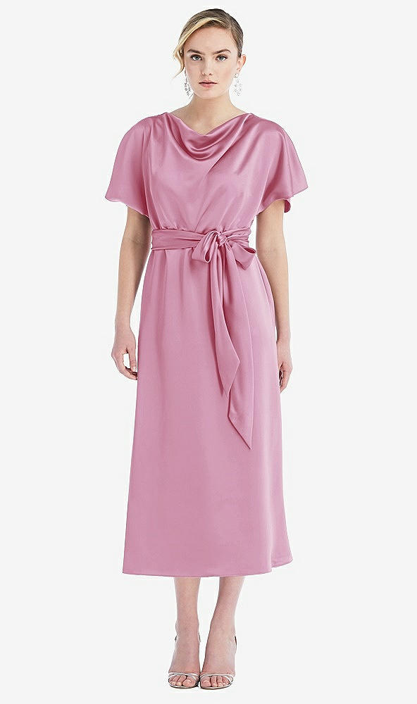 Front View - Powder Pink Cowl-Neck Kimono Sleeve Midi Dress with Bowed Sash