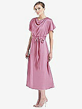 Side View Thumbnail - Powder Pink Cowl-Neck Kimono Sleeve Midi Dress with Bowed Sash