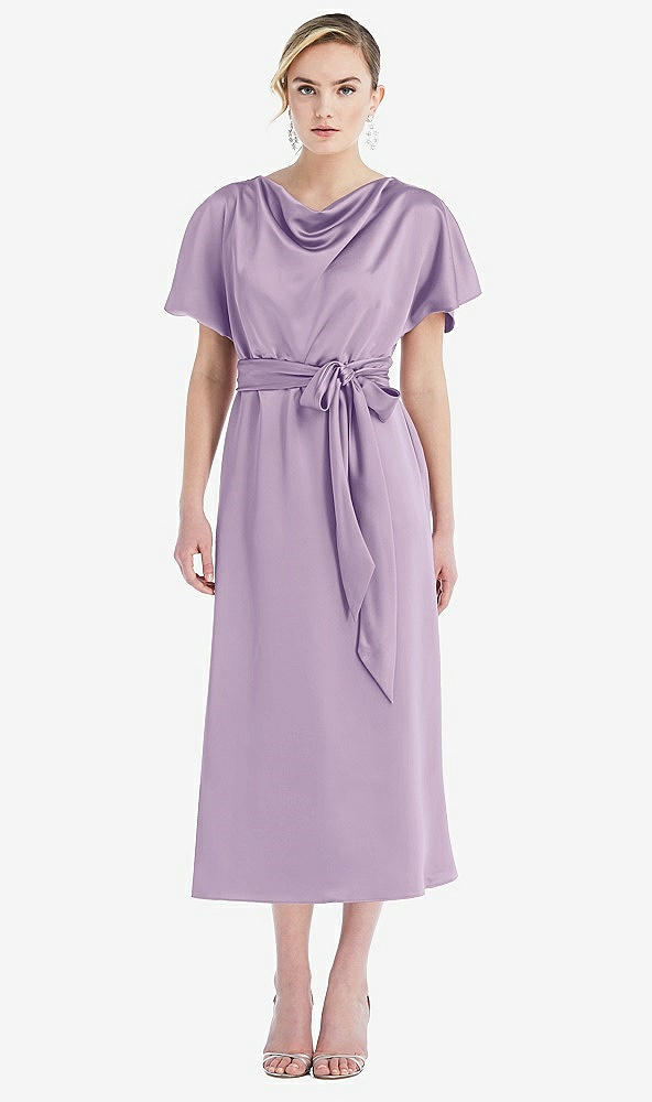 Front View - Pale Purple Cowl-Neck Kimono Sleeve Midi Dress with Bowed Sash