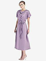 Side View Thumbnail - Pale Purple Cowl-Neck Kimono Sleeve Midi Dress with Bowed Sash