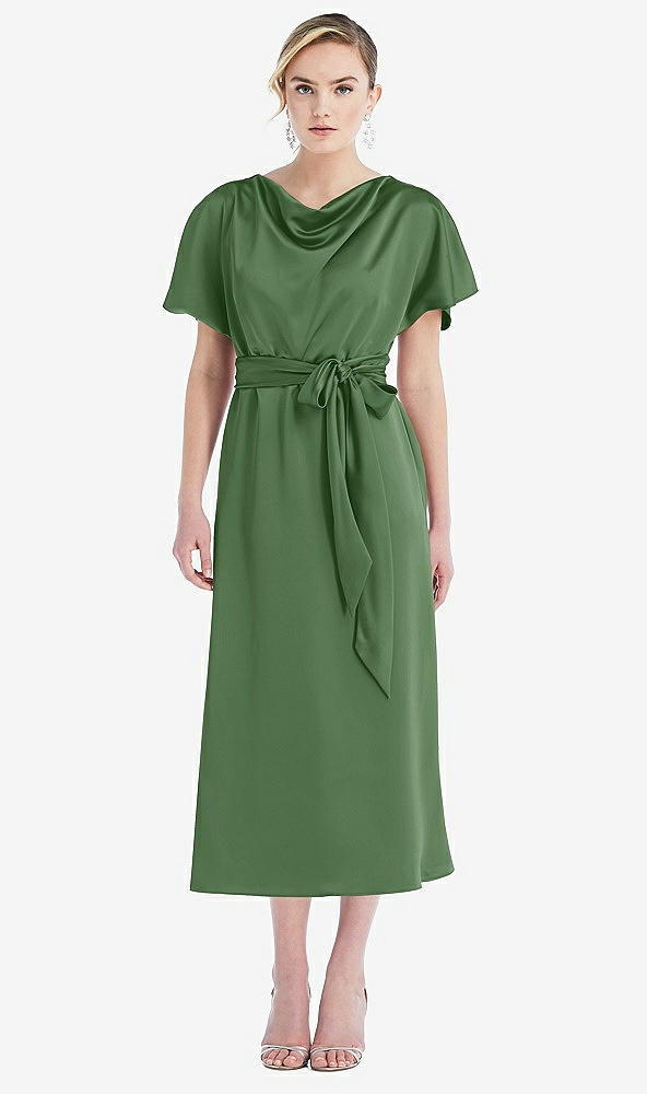 Front View - Vineyard Green Cowl-Neck Kimono Sleeve Midi Dress with Bowed Sash