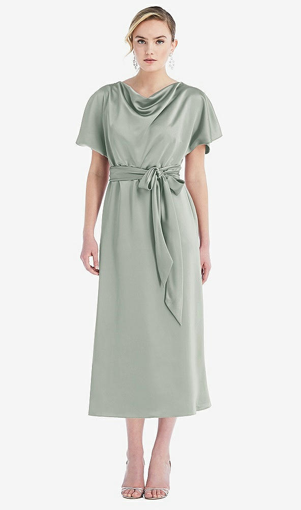 Front View - Willow Green Cowl-Neck Kimono Sleeve Midi Dress with Bowed Sash