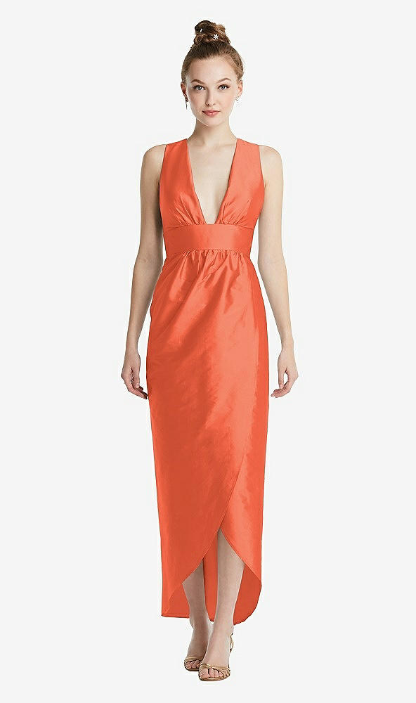 Front View - Fiesta Plunging Neckline Shirred Tulip Skirt Midi Dress