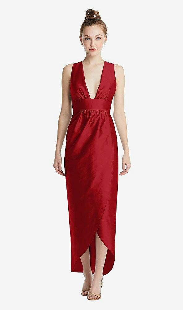 Front View - Garnet Plunging Neckline Shirred Tulip Skirt Midi Dress