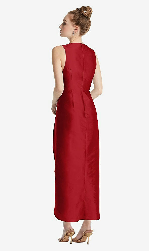 Back View - Garnet Plunging Neckline Shirred Tulip Skirt Midi Dress