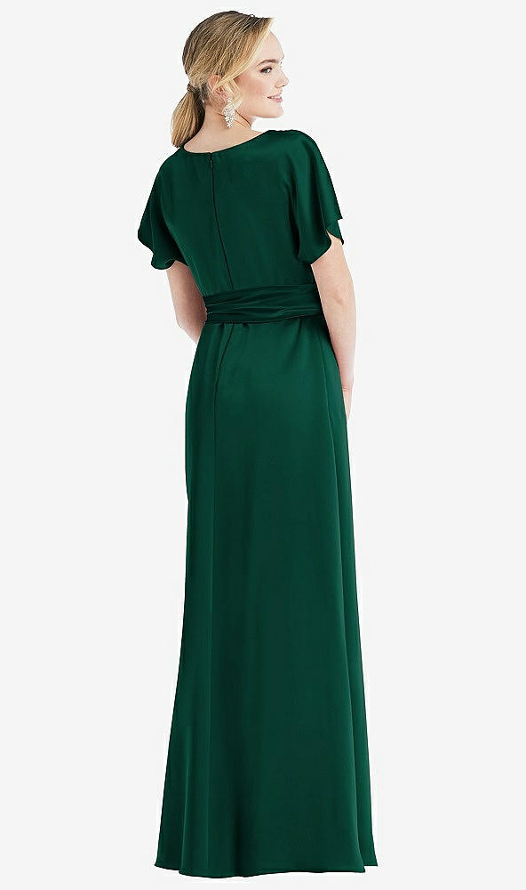 Back View - Hunter Green Cowl-Neck Kimono Sleeve Maxi Dress with Bowed Sash