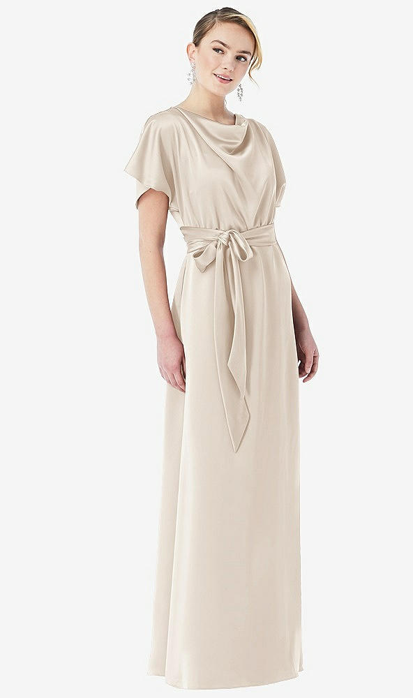 Front View - Oat Cowl-Neck Kimono Sleeve Maxi Dress with Bowed Sash