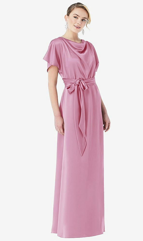 Front View - Powder Pink Cowl-Neck Kimono Sleeve Maxi Dress with Bowed Sash