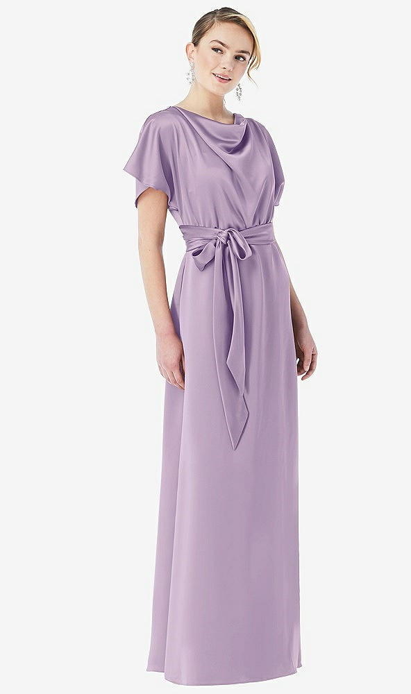 Front View - Pale Purple Cowl-Neck Kimono Sleeve Maxi Dress with Bowed Sash