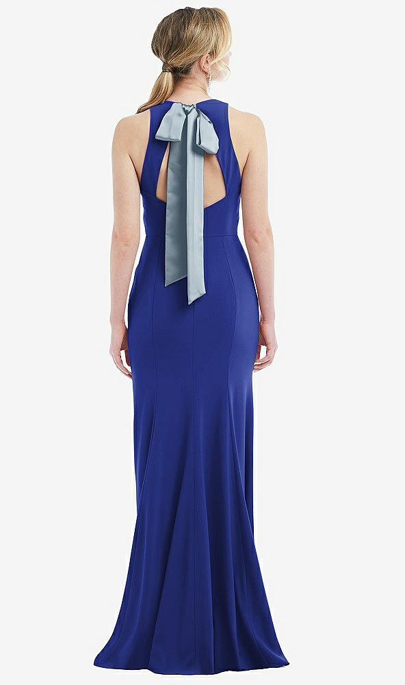 Front View - Cobalt Blue & Mist Cutout Open-Back Halter Maxi Dress with Scarf Tie