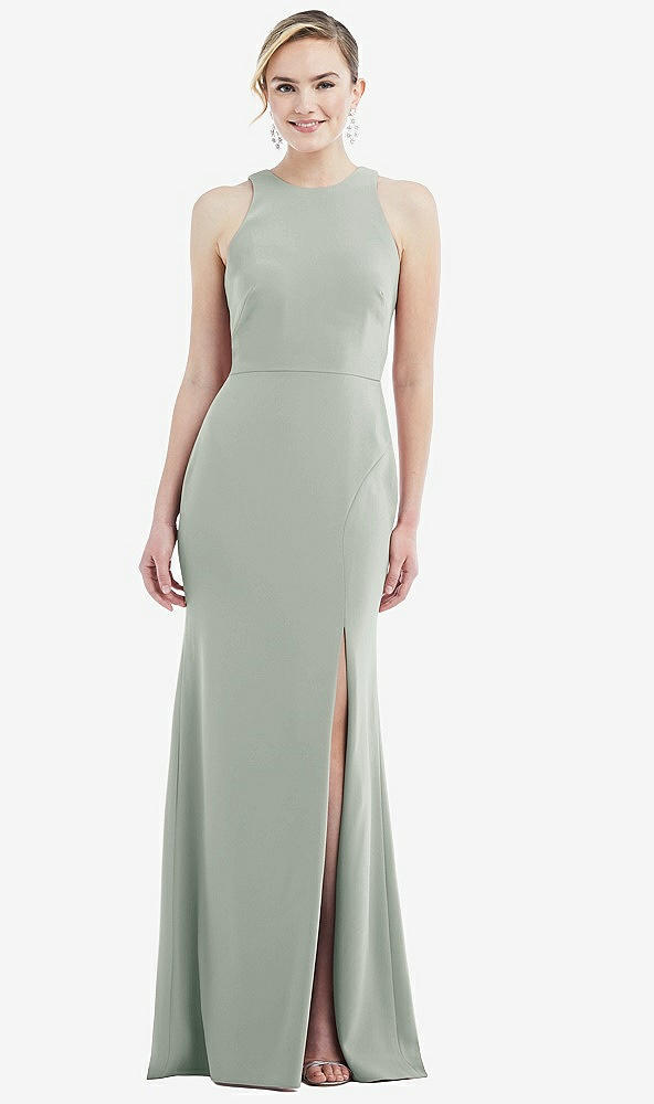 Back View - Willow Green & Mist Cutout Open-Back Halter Maxi Dress with Scarf Tie