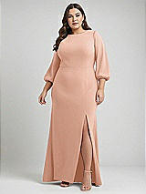 Alt View 1 Thumbnail - Pale Peach & Evergreen Bishop Sleeve Open-Back Trumpet Gown with Scarf Tie