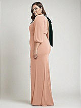 Alt View 2 Thumbnail - Pale Peach & Evergreen Bishop Sleeve Open-Back Trumpet Gown with Scarf Tie
