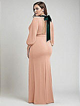 Alt View 3 Thumbnail - Pale Peach & Evergreen Bishop Sleeve Open-Back Trumpet Gown with Scarf Tie